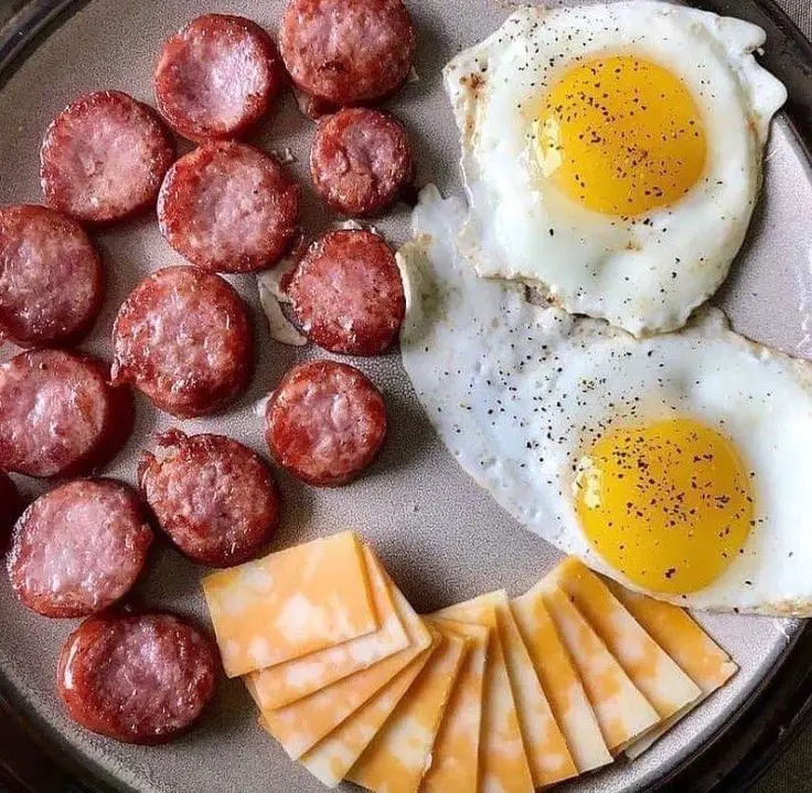 fried sausage links, sunny side eggs, colby jack cheese ...