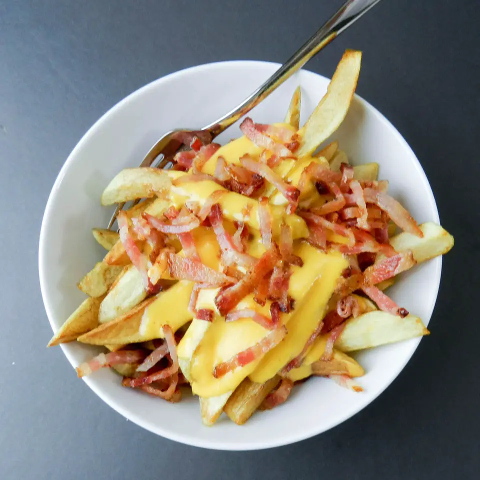 Twice Fried Fries With Cheese and Bacon Bits [OC] [2784x2784] : FoodPorn